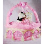 Beautiful Pink Valentine Decorated Heart Cake Plush Cushion with Love Couple Teddy Bears